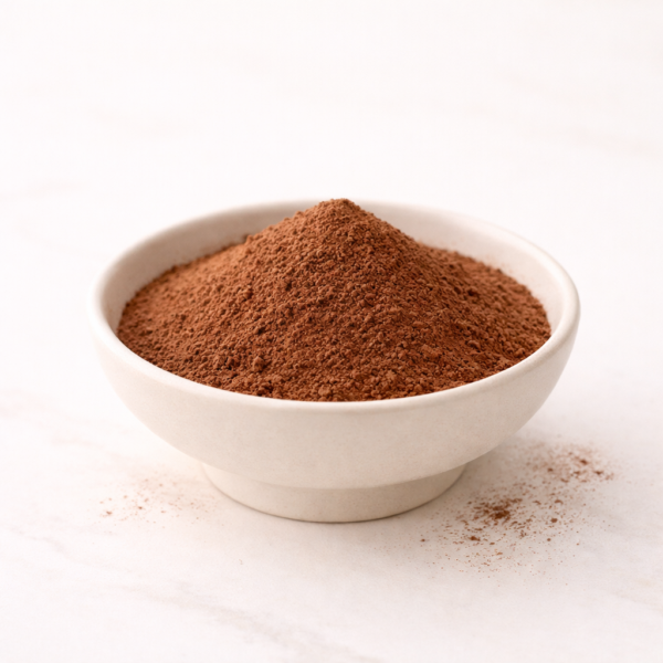 Mrs Oldbucks Pantry Milky Smooth Chocolate Powder Ivory ceramic bowl filled with milky smooth hot chocolate powder (22% cocoa) on a warm neutral background, styled in soft luminous light.