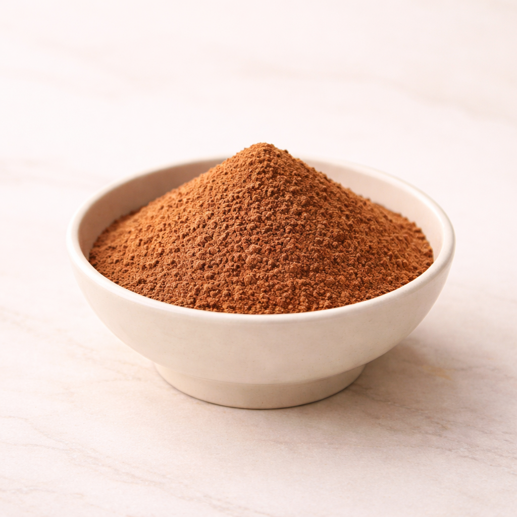 Mrs Oldbucks Pantry Sicilian Orange Chocolate Powder Ivory ceramic bowl of Sicilian orange hot chocolate powder (35% cocoa) on a warm neutral background, styled in soft luminous studio light.