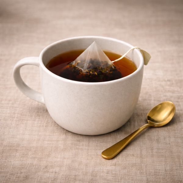 Mrs Oldbucks Pantry Lapsang Souchong pyramid tea bag steeping in a white ceramic cup with deep smoky amber liquor, set on warm neutral linen with a brass teaspoon beside the cup in soft top-left lighting.