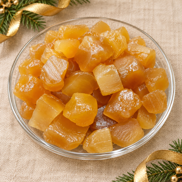 Golden glacé ginger pieces on a clear dish with beige linen, evergreen foliage and gold Christmas ribbon.