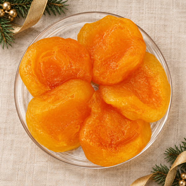 Golden glacé peach halves on a clear dish with beige linen, evergreen foliage and gold Christmas ribbon
