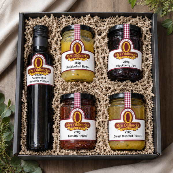 Mrs Oldbucks Pantry Sweet=and Savoury Hamper Mrs Oldbucks Pantry gourmet gift hamper featuring caramelised balsamic vinegar, passionfruit butter, blackberry jam, tomato relish and sweet mustard pickles in a premium presentation box
