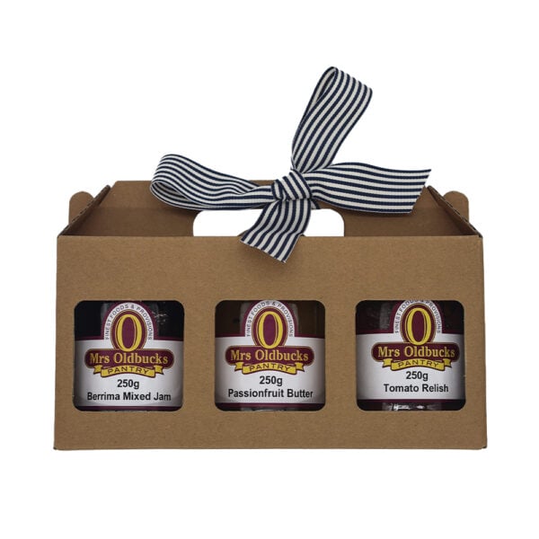 Mrs Oldbucks Pantry Trio Gift Pack featuring three 250g gourmet pantry jars beautifully presented in a kraft gift box with ribbon