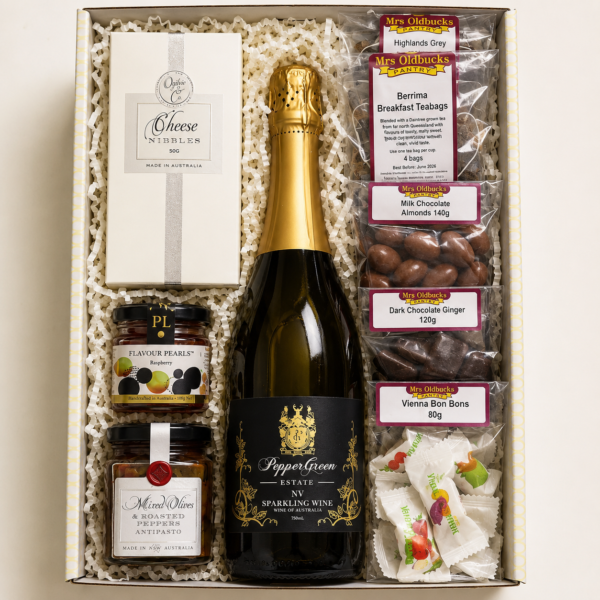 Mrs Oldbucks Pantry Celebration Collection gourmet gift hamper featuring PepperGreen Estate sparkling wine, artisan tea, chocolates and gourmet savoury treatsCollection