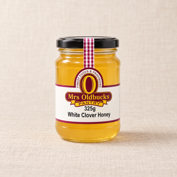 Mrs Oldbucks Pantry White Clover Honey 325g glass jar filled with pale golden honey
