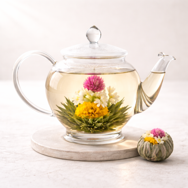 Mrs Oldbucks Pantry Goddess Flowering Teaball Clear glass teapot filled with pale golden white tea and a blooming Goddess tea flower, styled on a soft ivory background with a single handcrafted tea ball placed beside it.