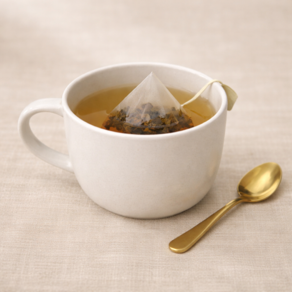 Mrs Oldbucks Pantry China Oolong Pyramid teabags China Oolong pyramid tea bag gently steeping in a white ceramic cup on warm neutral linen, with a brass teaspoon beside the cup in soft top-left lighting.