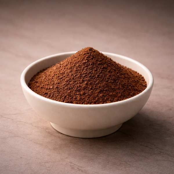 Mrs Oldbucks Pantry Chilli Infused Chocolate PowderShallow ivory ceramic bowl of chilli infused drinking chocolate powder with deep cocoa tones, styled on a warm neutral background in refined, moody light.