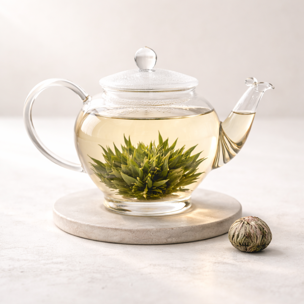 Mrs Oldbucks Pantry Dragon Eyes Elegant clear glass teapot containing pale golden white tea with Dragon Eyes blooming tea leaves gently unfurling at the base, styled on a soft ivory background with luminous natural light.