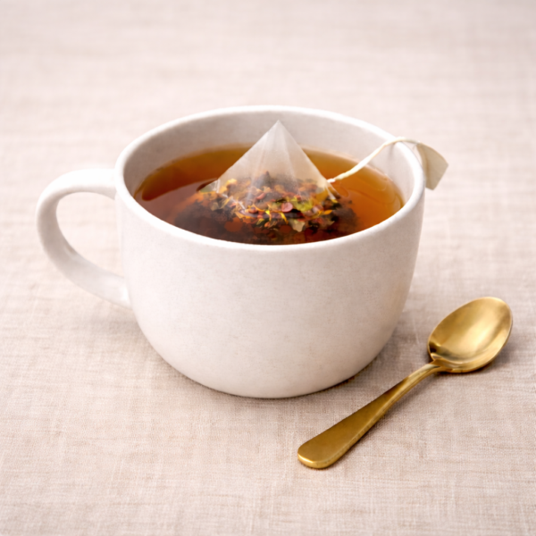 Mrs Oldbucks Pantry Highlands Grey pyramid tea bag steeping in a white ceramic cup with warm amber liquor, set on neutral linen with a brass teaspoon beside the cup in soft top-left lighting.