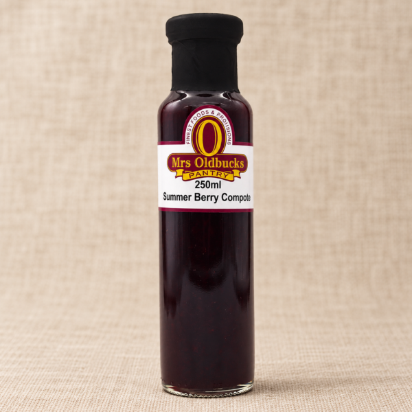 Mrs Oldbucks Pantry Summer Berry Compote 250ml bottle on a warm beige linen background