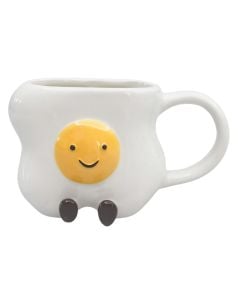Mrs Oldbucks Pantry Ellie Egg Friends Mug White ceramic mug with smiling egg design and small brown legs on a white background.