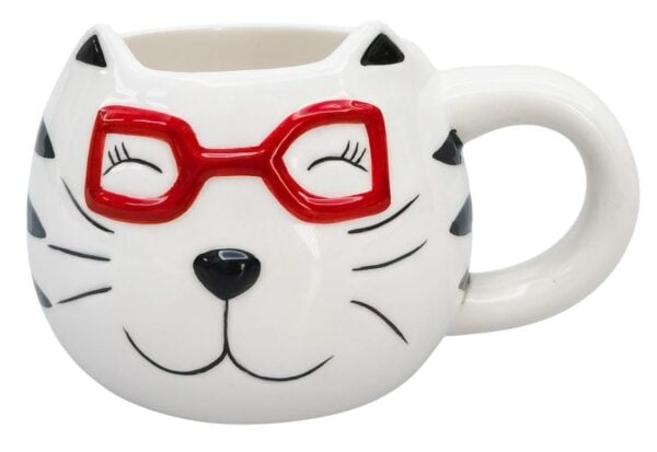 Mrs Oldbucks Pantry Millie The Magnificent White ceramic cat mug with red glasses detail, animal-themed novelty coffee mug perfect for cat lovers and gifting.Mug