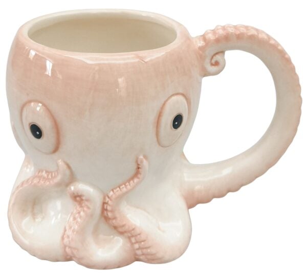 Mrs Oldbucks Pantry Oliver The Ocean Mug Blush pink ceramic octopus-shaped mug with sculpted tentacles and rounded handle on a white background.