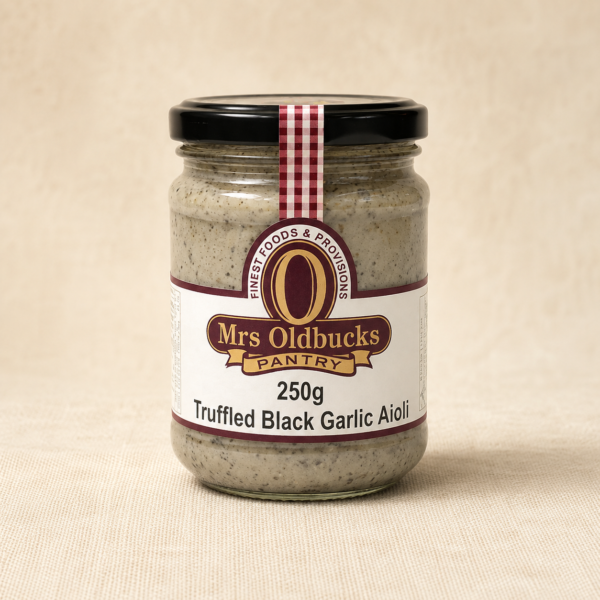 Mrs Oldbucks Pantry Truffled Black Garlic Aioli 250g jar on a warm linen background