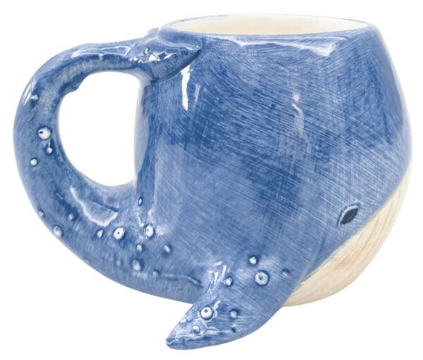 Mrs Oldbucks Pantry Walter The Whale MugBlue ceramic whale-shaped mug with sculpted tail detail and rounded handle on a white background.