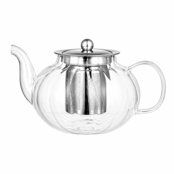 Mrs Oldbucks Pantry Dahlia Teapot 800ml clear glass teapot with stainless steel infuser and lid, elegant Avanti Dahlia teapot on a soft neutral background