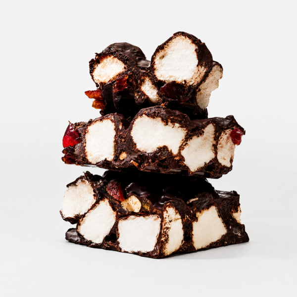 Mrs Oldbucks Pantry Dark Chocolate Rocky Road Chunks of dark chocolate rocky road filled with marshmallows and crunchy nuts, arranged on a clean neutral background in a square WooCommerce product image.