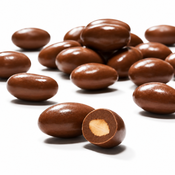 Mrs Oldbucks Pantry Milk Chocolate Glossy milk chocolate coated almonds arranged on a clean white background, with one cut open to reveal the crunchy almond centre, styled in an elegant confectionery catalogue format for Mrs Oldbucks Pantry Almonds