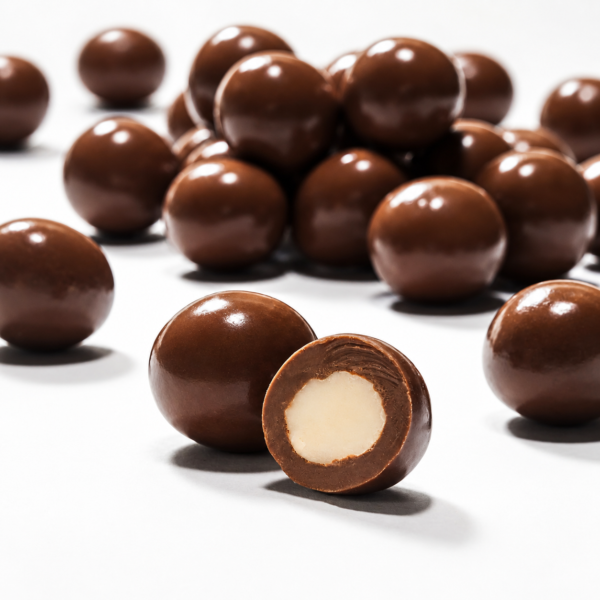 Mrs Oldbucks Pantry Milk Chocolate Milk Chocolate Macadamias Milk chocolate macadamias with a creamy macadamia centre, photographed in a refined studio-style arrangement on a soft ivory background for Mrs Oldbucks Pantry