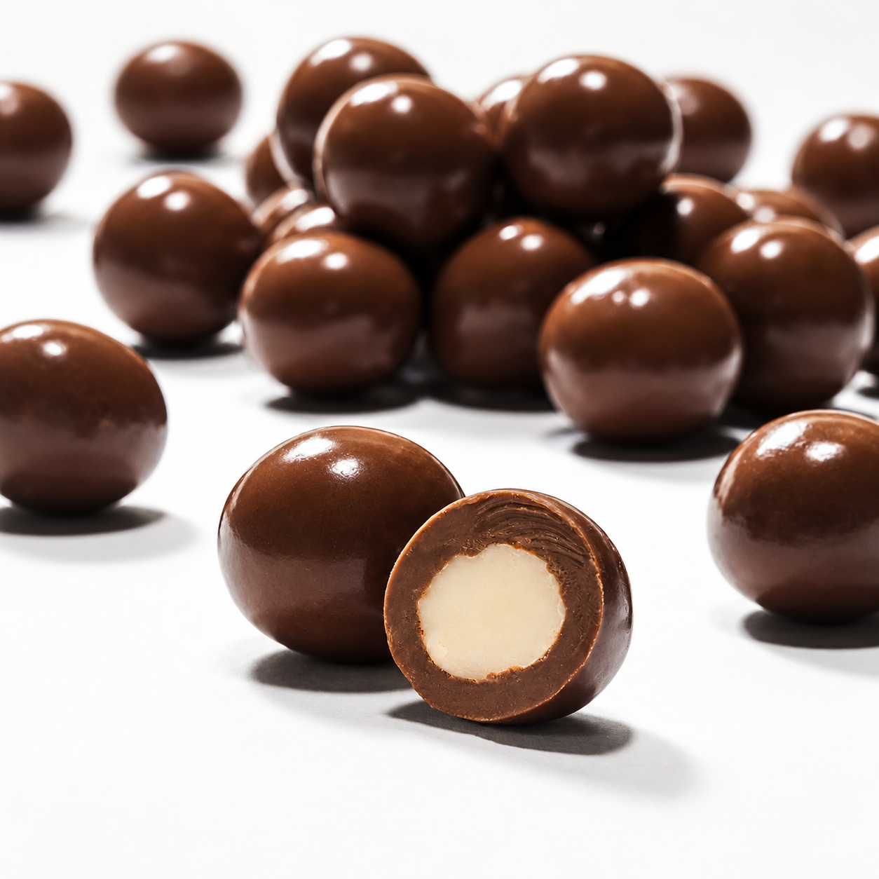 Mrs Oldbucks Pantry Milk Chocolate Milk Chocolate Macadamias Milk chocolate macadamias with a creamy macadamia centre, photographed in a refined studio-style arrangement on a soft ivory background for Mrs Oldbucks Pantry
