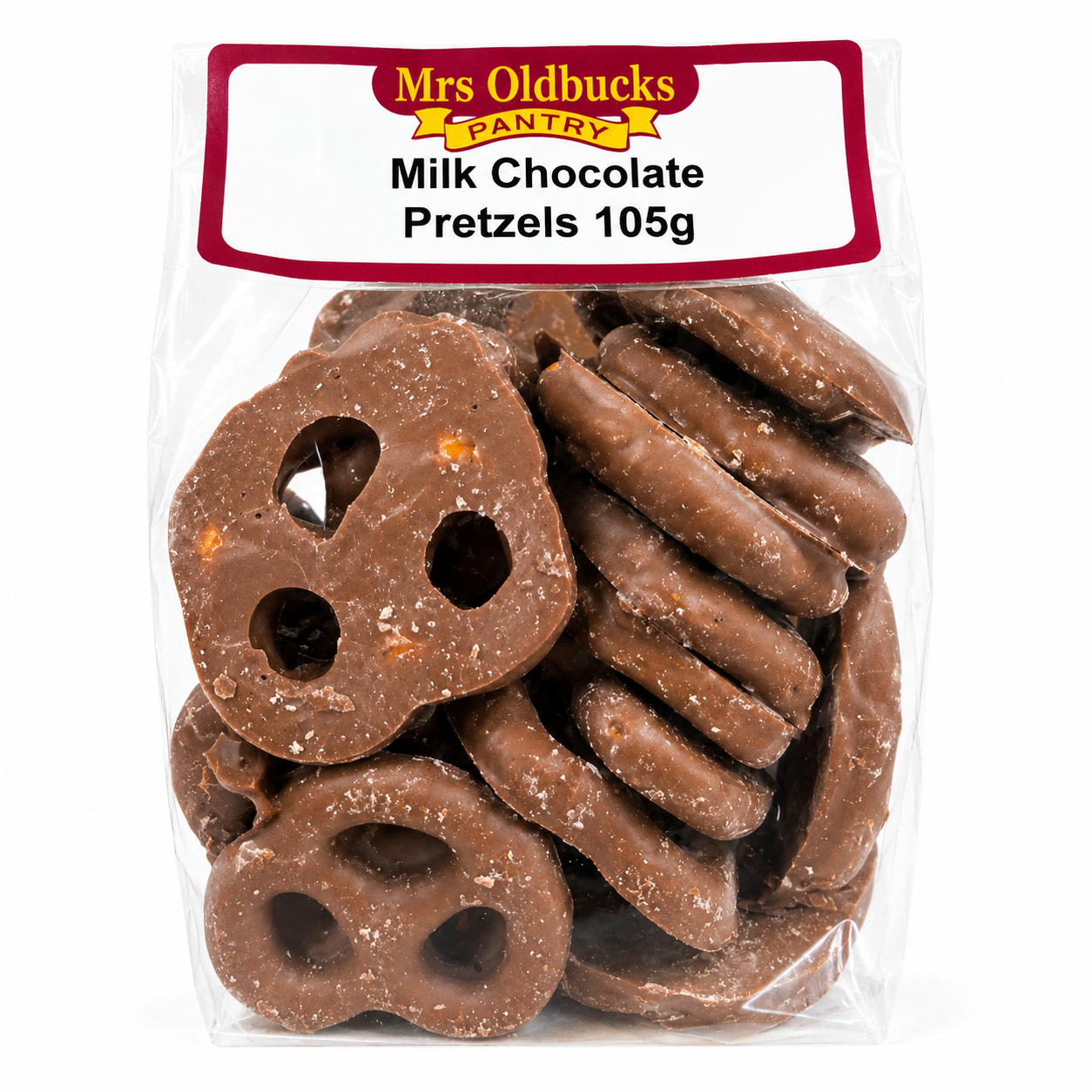 Mrs Oldbucks Pantry Milk Chocolate Bag of milk chocolate coated pretzels in clear packaging on a clean white background, styled as an elegant WooCommerce confectionery product image for Mrs Oldbucks Pantry Pretzels Pack