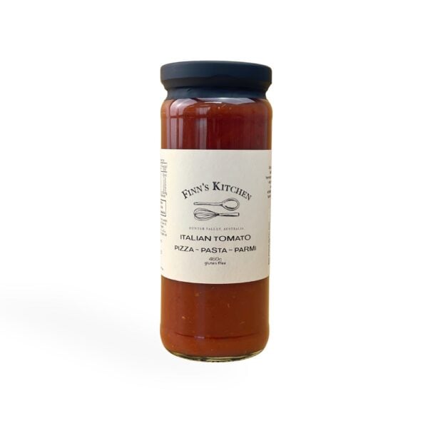 Finn's Kitchen Italian Tomato Cook-in Sauce jar, rich tomato pasta and pizza sauce, available at Mrs Oldbucks Pantry.