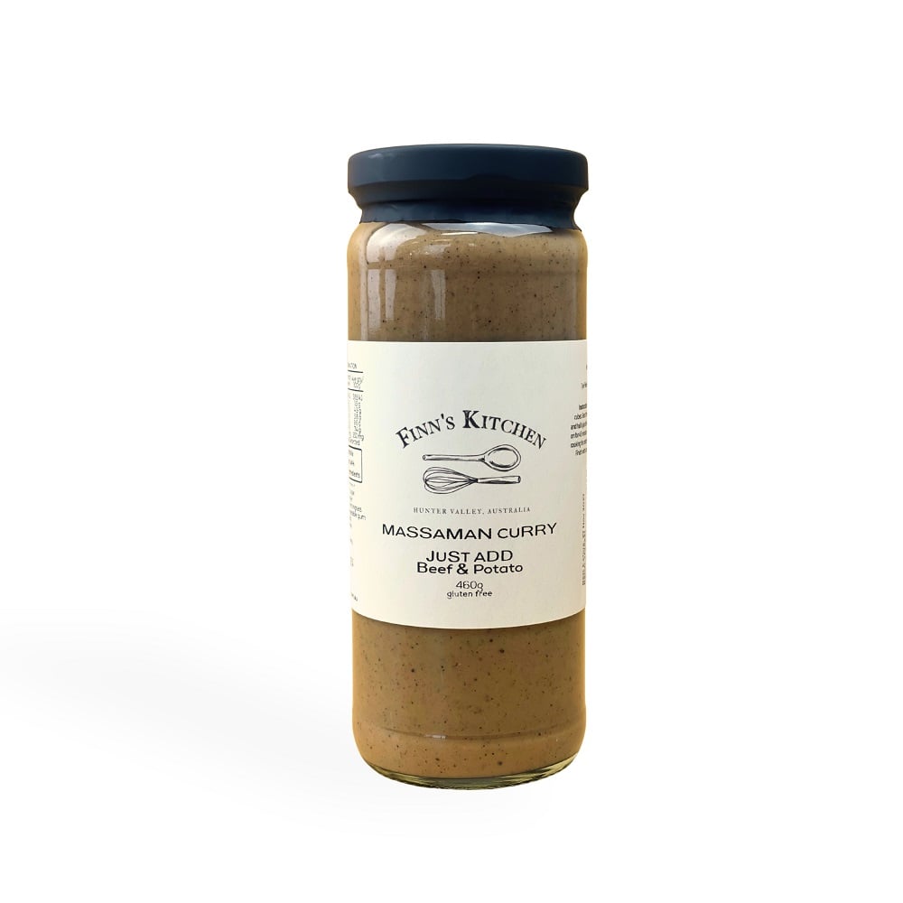 Finn's Kitchen Massaman Curry Cook-in Sauce jar, mild Thai-style curry sauce available at Mrs Oldbucks Pantry.