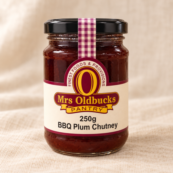 Mrs Oldbucks Pantry BBQ Plum Chutney 250g jar on a light linen background.