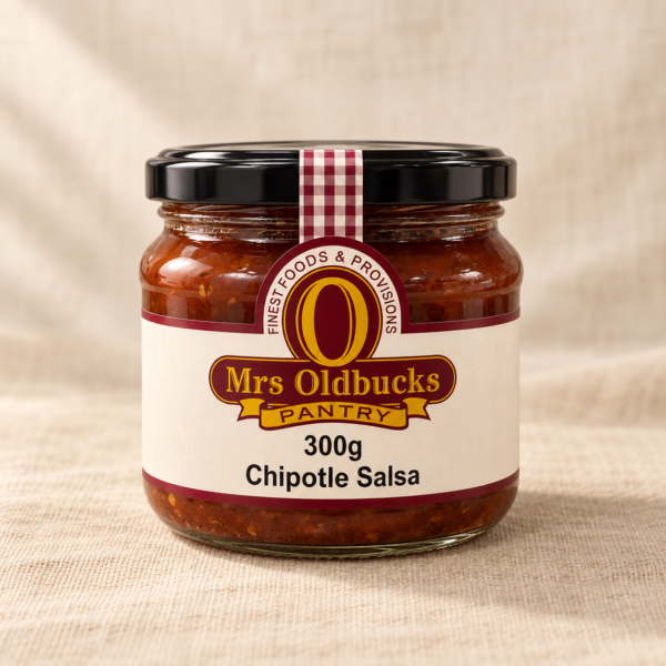 Mrs Oldbucks Pantry Chipotle Salsa 300g jar on a light linen background.