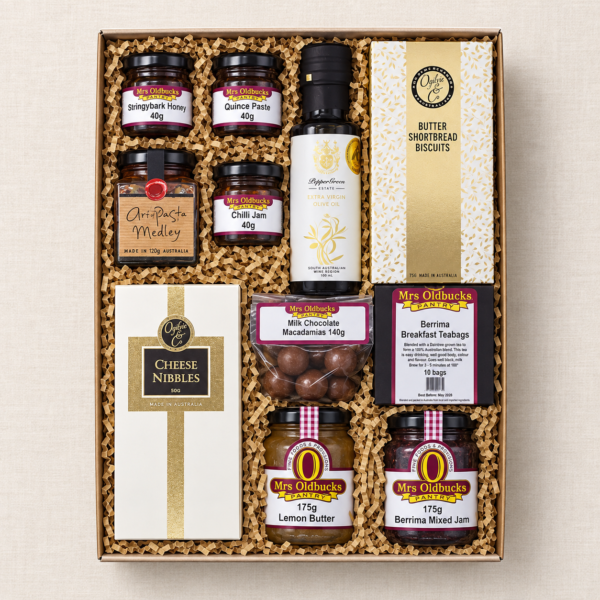 Berrima pantry gift hamper with tea, preserves, honey, olive oil, biscuits and chocolates